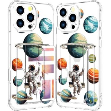 Imagem de ENDIY Compatível com capa para iPhone 16 Pro, porta-cartões para mulheres, design fofo, capas de telefone tipo carteira transparente e legal Kawaii protetora (planetas espaciais astronautas