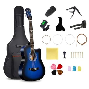 Imagem de Guitarra acústica de madeira de 96 cm, 6 cordas de violão acústico de latão, botões de tira, instrumento musical com bolsa de guitarra e kit iniciante para iniciantes/adultos (azul)