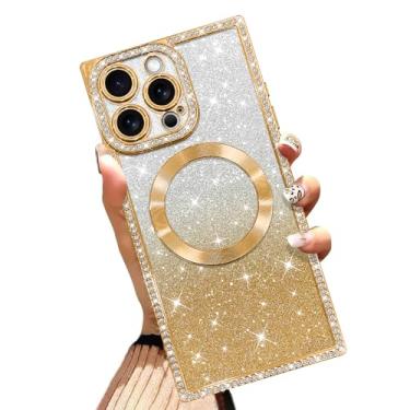 Imagem de AIGOMARA Capa magnética para iPhone 16 Pro Max de 6,9 polegadas [compatível com MagSafe] Capa de telefone com glitter de TPU macio com strass de diamante, cantos reforçados à prova de choque para