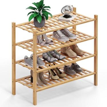 Imagem de Haddockway Organizador de armazenamento de sapatos de bambu de 4 níveis, prateleira de sapato empilhável multifuncional com painel de grade para armário, corredor, entrada, espaço pequeno 68 x 28 x 66