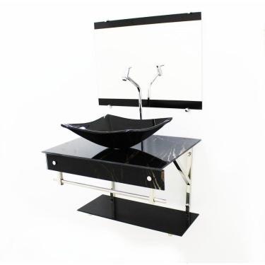 Imagem de Kit Gabinete 60Cm Cuba Retangular  Mármore Preto + Torneira