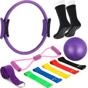 Imagem de Silipull Conjunto de 6 anéis e bola de Pilates Kit Essencial para Mulheres 35,5 cm Círculo Yoga Exercício Bola 5 faixas de resistência alongamento treino em casa Equipamento de Pilates para iniciantes