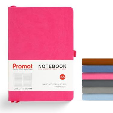 Imagem de Promot Caderno pautado - A5 rosa 192 páginas forradas 20 x 14 cm - caderno de couro de capa dura para escrever - papel grosso 100 GSM, couro PU, laço para caneta, bolso interno, faixa elástica