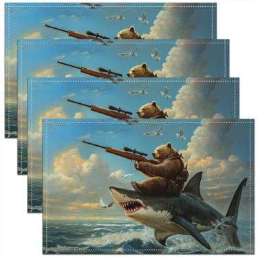Imagem de Jogo americano com estampa de tubarão, 30,5 x 45,7 cm, conjunto de 4 jogos americanos de animais marinhos engraçados para crianças, adolescentes, adultos, 3D, ondas do oceano, decoração de mesa de