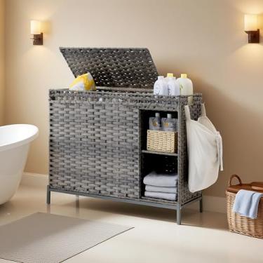 Imagem de Gitelsnour Cesto de roupa suja com tampa, cesto de roupa suja de vime de vime com 3 seções com prateleira de armazenamento de 3 camadas (50 litros), cesta de malha de vime com 4 sacos e alças