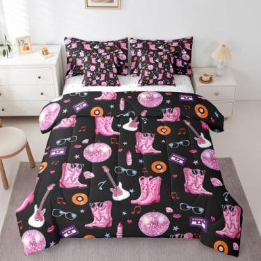 Imagem de Erosebridal Conjunto de edredom para mulheres e meninas, conjunto de cama completo com tema de música cowgirl, 7 peças, ferradura ocidental, violão, bola de discoteca em uma bolsa, conjunto de lençol