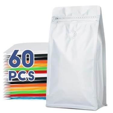 Imagem de Sacos de café com válvula (60 peças, 113 g, 0,1 kg) Sacos de embalagem de grãos de café ventilados de alta barreira, folha de alumínio, fundo plano, selado a quente, zíper lateral, saco de