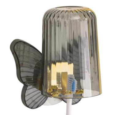 Imagem de Porta -escova de dentes montado na parede sem orifício de soco grátis por porta -escova de dentes multifuncionais com copo de enxaguatório bucal para o banheiro organização de (Cinza)