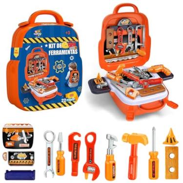 Imagem de Kit Ferramentas 3 em 1 Mochila Bancada e Ferramentas Chave Martelo de Brinquedo