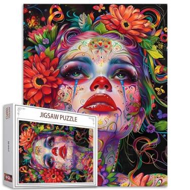Imagem de Tucocoo Quebra-Cabeça De Retrato Glamoroso E Estranho Mulher, Menina Com Flores Coloridas, 1000 Peças Para Adultos, 27 X 20 Polegadas, Qualidade Hd Presente, Atividade Familiar Perfeita Noite Jogos