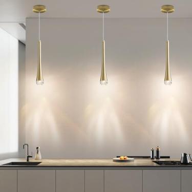 Imagem de Pacote com 3 lâmpadas modernas de LED douradas, luzes penduradas no teto da ilha da cozinha, cristal bolha de lágrima, 3 cores 2700K/4500K/6500K, lâmpadas de lustres pequenos de cabeceira para bar