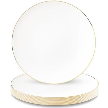 Imagem de Decorline Pratos de jantar redondos de plástico de ouro branco premium - 26 cm (pacote com 10) | Perfeito para todas as ocasiões, experiência de jantar fino em casa