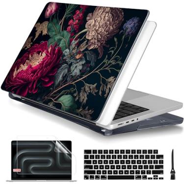 Imagem de Batianda Capa para MacBook Pro de 16 polegadas versão 2024 2023 2021 com chip M4 M3 M2 M1 Pro/Max, capa rígida transparente com capa de teclado e protetor de tela, flor vintage