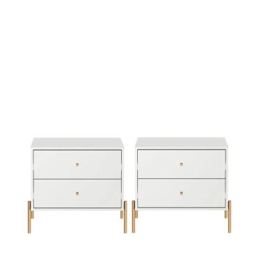 Imagem de Kit 2 Mesas de Cabeceira com 2 Gavetas Jasper 64 cm - Branco c/ Dourado