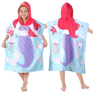 Imagem de Toalhas de praia com capuz para crianças de 4 a 12 anos, lindo tema de sereia para meninas, saída de banho para banheiro, 68,5 x 83,8 cm, poncho de toalha de banho azul de secagem rápida, perfeito