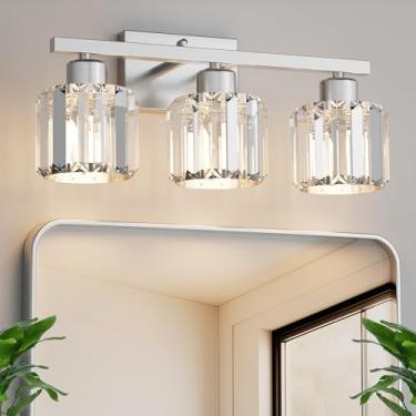 Imagem de comzler Luminária de banheiro de 3 luzes sobre o espelho, arandela de parede de cristal de níquel escovado com base E26 para espelho cozinha sala de estar banheiro, persianas redondas de cristal