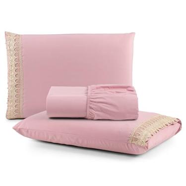 Imagem de Jogo de Lençol 100% Algodão Percal 200 Fios, 3 Peças com Elástico, Tamanhos Solteiro, Casal, Queen e King (Rose, King 3 Peças)