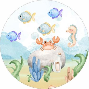 Imagem de Painel de Lona Redondo Fundo do Mar Animais Marinhos Aquarela - Fabrik