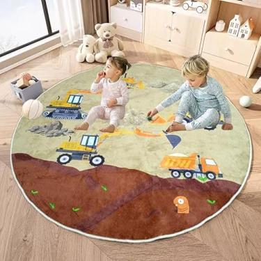 Imagem de Apioiqa Tapete de desenho animado com estampa de caminhão redondo, 1,5 m, tapete redondo, tapete para escavadeira, tapete circular para meninos e meninas, para crianças, sala de jogos, sala de aula