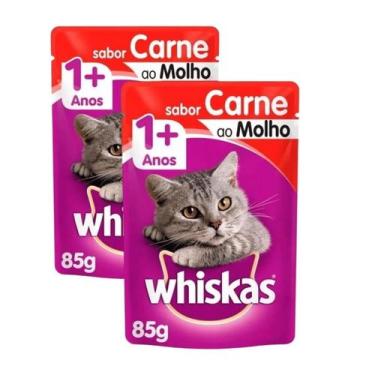 Imagem de Kit 2 Saches Petisco Ração Úmida whiskas gato sabor Carne ao molho 85g