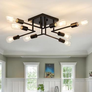 Imagem de ASGYISA Luminária de teto de montagem semiembutida de 8 luzes lustres Sputnik modernos de metal preto com base de lâmpada E26 perto da luz de teto para cozinha, sala de jantar, sala de estar, corredor