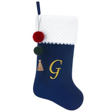 Imagem de Pxniy Meia de Natal de veludo personalizada de 49,5 cm com iniciais bordadas - meias de lareira, decoração de festa de Natal em família (azul G)