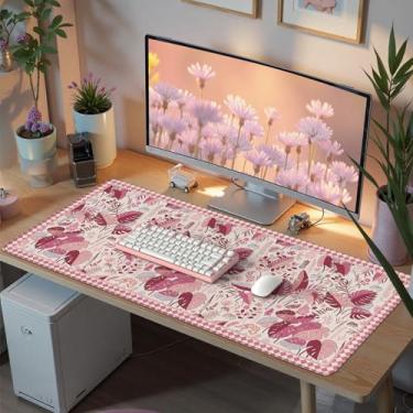 Imagem de Anyshock Mouse pad grande, GG teclado e mousepad, tapete de mesa vintage planta, tapetes de teclado macios para mesa para casa 89,9 x 39,9 cm (folhas rosa)