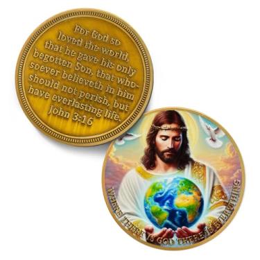 Imagem de Moeda do Desafio Cristão da Oração de Deus - João 3:16 Token religioso de Jesus - Chip de Versículos da Bíblia de Bolso das Escrituras para Estudo - Inspirador Boa Sorte Presentes de Peixe Uva para