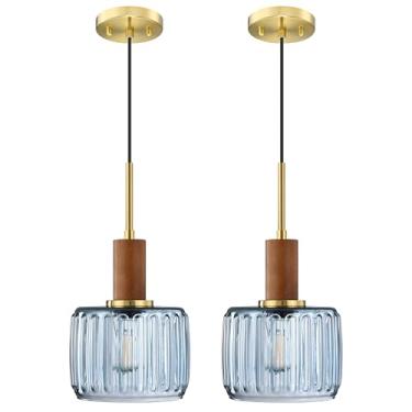 Imagem de 2 unidades 1 luminária industrial moderna fazenda pendurada ilha cozinha pingente luminárias de teto, madeira natural transparente texturizado vidro azul acabamento bronze escovado sobre pia