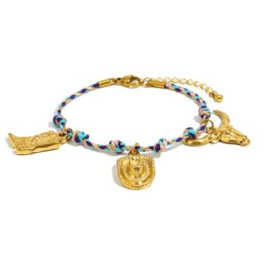 Imagem de Pulseira de corda trançada de vaqueira com chapéu de caubói - pulseira ajustável de corrente banhada a ouro de aço inoxidável com corrente banhada a ouro ocidental rodeio country concerto festa