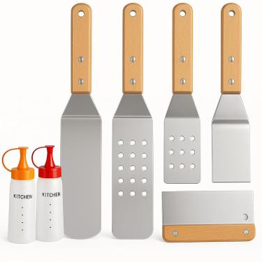 Imagem de Artisan Fire Conjunto De Espátulas De Metal De Aço Inoxidável De 7 Peças - Flipper De Hambúrguer - 4 Espátulas, Picador, Raspador + 2 Garrafas - Para Churrasqueira Flat Top Blackstone