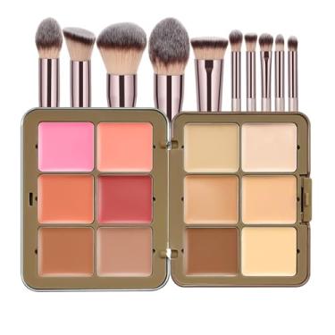 Imagem de JasCherry Paleta de blush de 12 cores, paleta de base de corretivo para correção de cores, conjunto de 10 pincéis de maquiagem, iluminador bronzeador, creme corretivo, creme fosco, brilho de longa