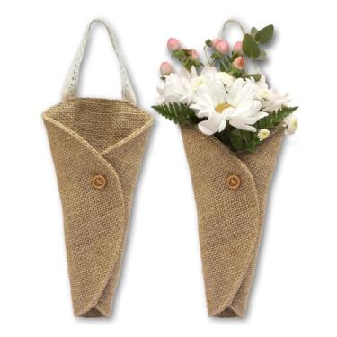 Imagem de Summer‑Ray 12 peças de cones de serapilheira reutilizáveis feitos à mão com botão de madeira e alça de renda de algodão – Porta-flores de corredor de casamento rústico premium para igreja, eventos e