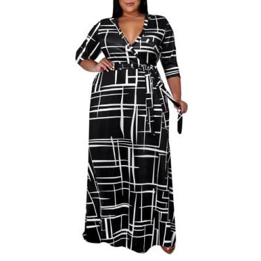 Imagem de Vestido maxi Runwind Plus Size floral de manga 3/4 com cinto
