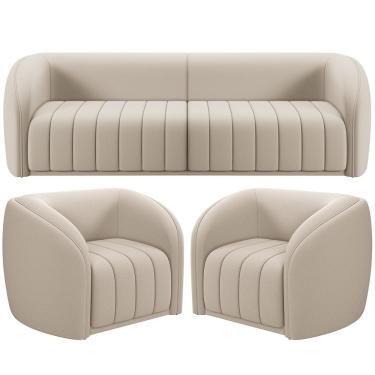 Imagem de Kit Sofá 05 Lugares Para Sala de Estar 332 cm Com 02 Poltronas Lazio M03 Veludo Bege - Lyam Decor