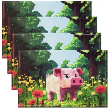 Imagem de Conjunto de 4 jogos americanos de mesa de porco rosa, estilo pixelado, floral, 30,5 x 45,7 cm para mesa de cozinha, tapetes laváveis de animais de desenho animado adequado para restaurante
