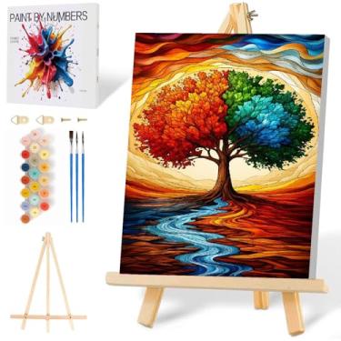 Imagem de Mowana Kit de pintura por números para adultos iniciantes, pintura de árvore da vida por número tela emoldurada com cavalete de madeira, artesanato adulto DIY pintura a óleo árclica 20 x 30 cm