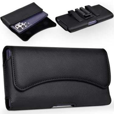 Imagem de ACCKUO Coldre de telefone de couro compatível com iPhone Pro modelos 16 15 14 13 12 Galaxy S25 S24 S23 S22 capa de clipe de suporte de cinto de celular preto - M