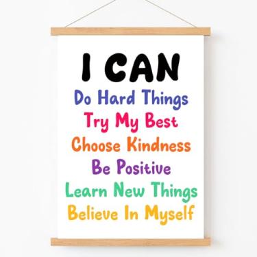 Imagem de Qswo Decoração de parede Positive Affirmations, I Can Do Hard Things, moldura para pendurar em tela inspiradora, decoração de parede para quarto de crianças, berçário, sala de aula