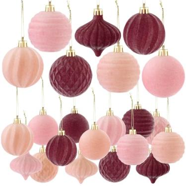 Imagem de Syhood 30 bolas de Natal de veludo, 5 cm, enfeites de bola de árvore de Natal flocada, 5 estilos, enfeites sortidos para decoração de árvore de Natal, festas de fim de ano (roxo claro, rosa blush