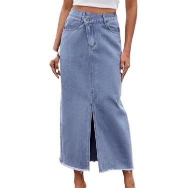 Imagem de Saia Deim Tamanho Grande Wome's Log - Fashio Azul Irregular Cintura Alta Com Bolsos Midi Reta Oe-step Saia Deim, Vitage Butto Zíper Bainha Com Bordas Cruas Saia Feminina A-lie, Blue, L