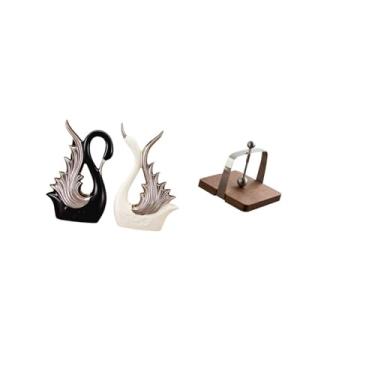Imagem de Fenteer Conjunto Elegante de Escultura de Cisne de Cerâmica E Porta-guardanapos de Madeira para Decoração de Mesa de Jantar, Lareira, Escritório em Casa, Cozi