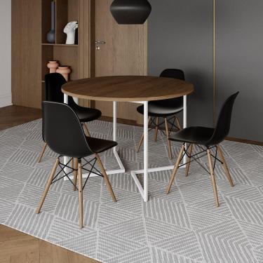 Imagem de Mesa Jantar Industrial Redonda 110Cm Amêndoa Base V Ferro Branco C/4 Cadeiras Preta Base Mad Amendoa