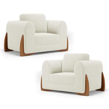 Imagem de Kit 02 Poltronas Decorativas Living Bloom Com Pés De Madeira Bouclê Off White - Desk Design