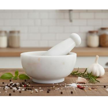 Imagem de KLEO 15 cm de largura (tamanho grande) Conjunto de morteiro e pilão de pedra natural como massageador de especiarias – Okhli e Musal, Branco, 1