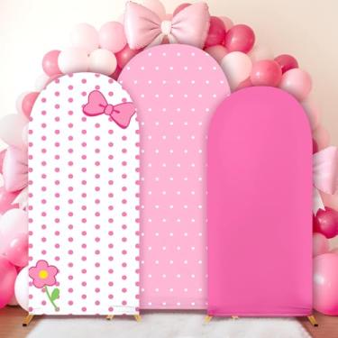 Imagem de 3 peças de capa de fundo de arco de gato rosa de desenho animado rosa elastano capa de fundo de arco ajustado 1,2 m 1,5 m 1,8 m fundo de gato fofo para casamento, aniversário, bebê, chá de panela