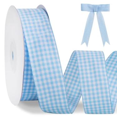 Imagem de TONIFUL 2,5 cm x 25 metros fita xadrez xadrez azul claro búfalo fita xadrez para embrulho de presente, arcos de cabelo, buquê floral, artesanato, Páscoa, dia dos namorados, chá de bebê, aniversário