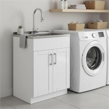 Imagem de SIMPLIHOME Coqueteleira ampla moderna multifuncional com 71 cm de largura e armário de lavanderia com acabamento branco geleira, armário de pia de aço inoxidável de transição para lavanderias com