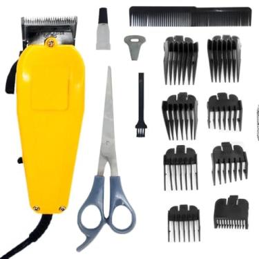 Imagem de Kit Máquina de Cortar Cabelo Profissional, Amarelo e Preto, com 8 Pentes, Tesoura, Óleo Lubrificante, 110V, 16x5x7cm, para Cabelo e Barba