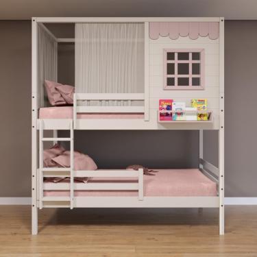 Imagem de Beliche Casinha Reta Com Grade Removível E Cortina Madeira Maciça Branco/ Rosa Housin